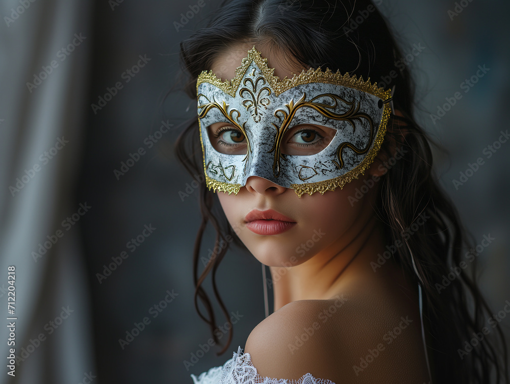 A young beautiful Latin American woman in a carnival mask. New Year's holidays, carnival, birthday, Venice. Photorealistic, background with bokeh effect. A young beautiful Latin American woman in a carnival mask. New Year's holidays, carnival, birthday, Venice. Photorealistic, background with bokeh effect.