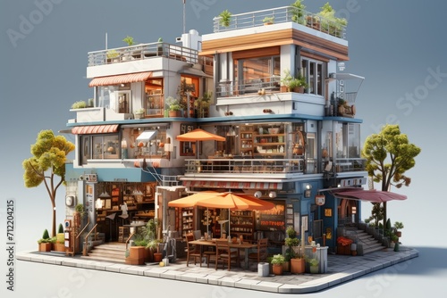 3d illustration of a shop or cafe building with outdoor tables