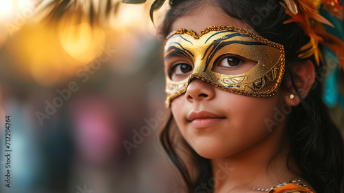 A young beautiful Latin American girl in a carnival mask. New Year's holidays, carnival, birthday, Venice. Photorealistic, background with bokeh effect. AI generated.