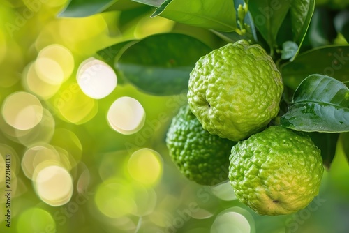 Three bergamot fruits on a tree with a blurred light background