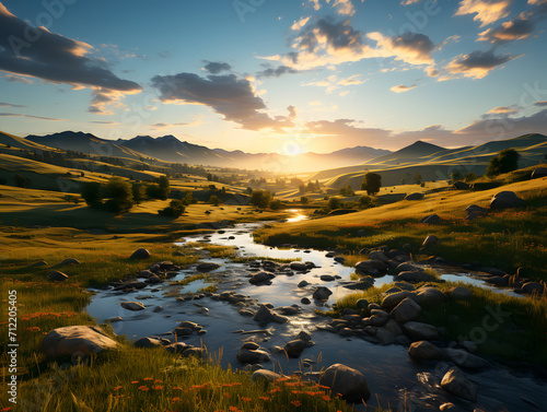 A River in Green Meadow with a Beautiful Sunset View © Resdika