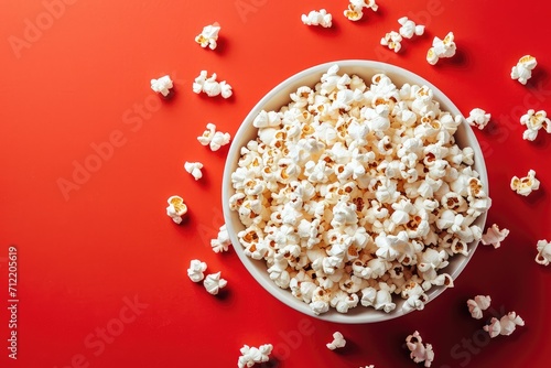 Mock up of popcorn filled bowl on red background viewed from the top