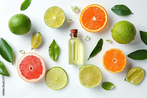Fototapeta Naklejka Na Ścianę i Meble -  Flat lay of fresh fruits and bergamot oil on white background