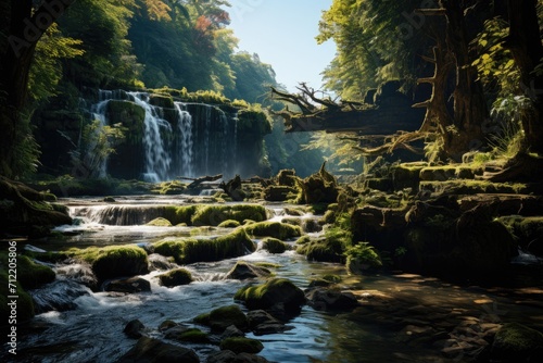 A forest with a river stream flowing through it