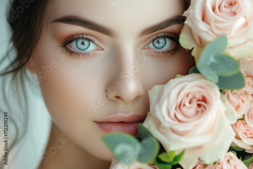 woman with pink rose. Beautiful woman with pink roses. portrait of pretty woman with perfect skin touching face near roses. Closeup woman's portrait with flowers. Young caucasian gorgeous attractive