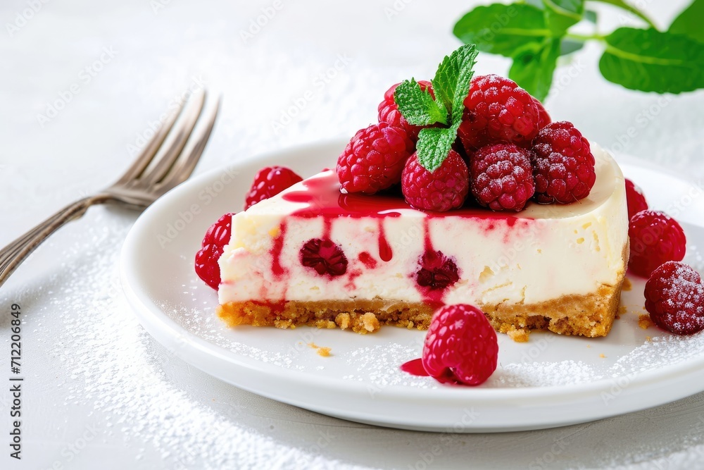 Homemade cheesecake adorned with raspberries and mint on a white surface Homemade cheesecake adorned with raspberries and mint on a white surface
