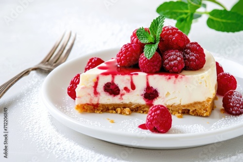 Homemade cheesecake adorned with raspberries and mint on a white surface