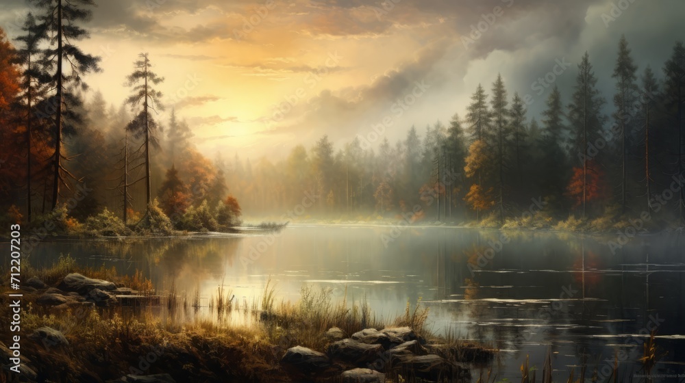 Mystical Sunrise Over Foggy Forested Lake