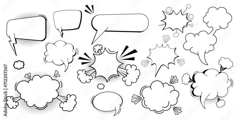 Fototapeta premium Set pow bubble speech comic expression frame cartoon doodle isolated on white background. Boom explode effect, halftone decoration,