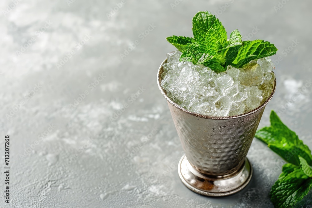 Classic mint julep cocktail on a light gray table Up close shallow depth of field - obrazy, fototapety, plakaty 