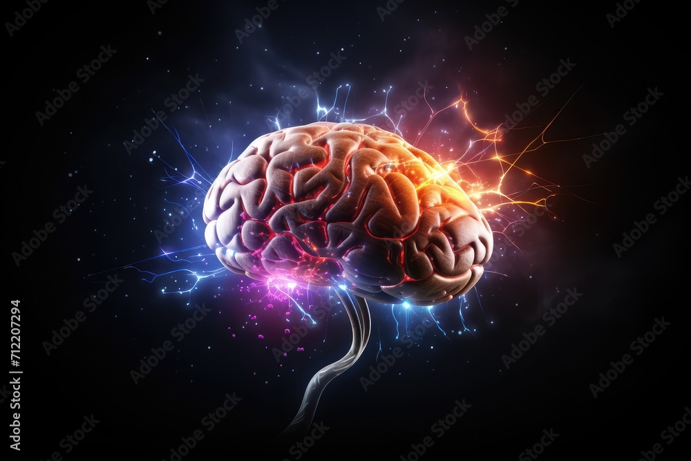 Fototapeta premium Energy thunderbolts brain light. Glucose transporters, cerebrovascular metabolism, aging on brain energy dynamics. Brain energy and sleep, exercise, nutrition reserve depletion and crises in diseases.