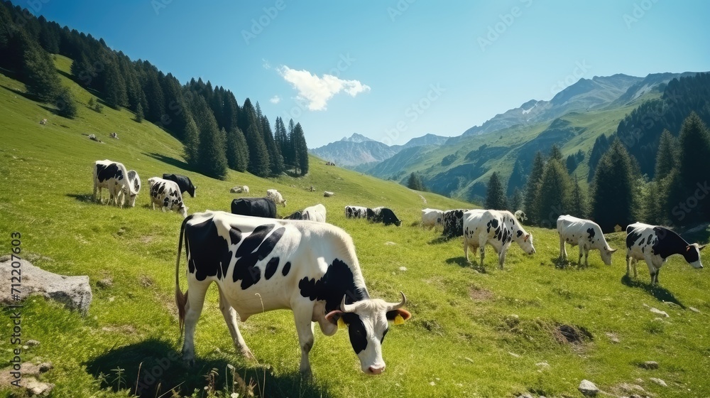 A herd of well-groomed, beautiful, healthy cows graze on a green meadow in the mountains. Modern farm life. Ecologically clean products. Dairy industry. High quality photo A herd of well-groomed, beautiful, healthy cows graze on a green meadow in the mountains. Modern farm life. Ecologically clean products. Dairy industry. High quality photo