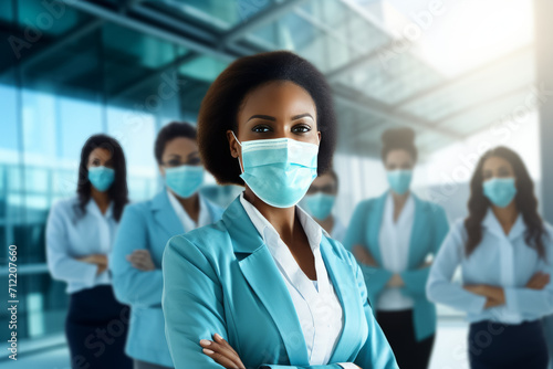 mixed race businesspeople in medical mask at office. Danger of infection of the virus coronavirus