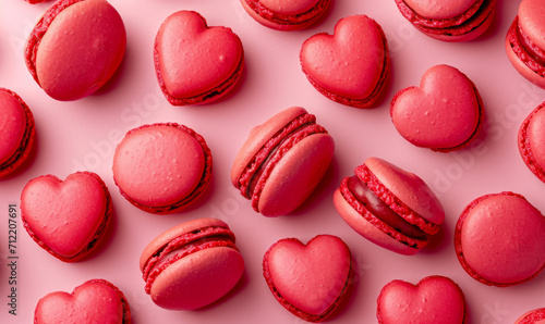 overhead view of red heart shaped macarons for valentines day photo