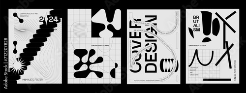 Retro futuristic vector minimalistic Posters with silhouette basic figures, Modern monochrome print brutalism, extraordinary graphic elements of geometrical shapes composition.

