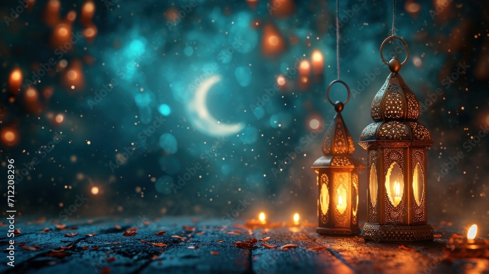 Ramadan ambiance with glowing lanterns, crescent moons, and starry brilliance with copy space Ramadan ambiance with glowing lanterns, crescent moons, and starry brilliance with copy space