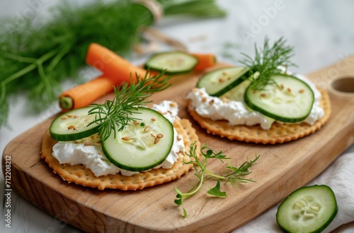 two crackers with vegetables and cucumbers on a board