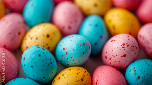Colorful speckled Easter eggs, close-up with selective focus. 