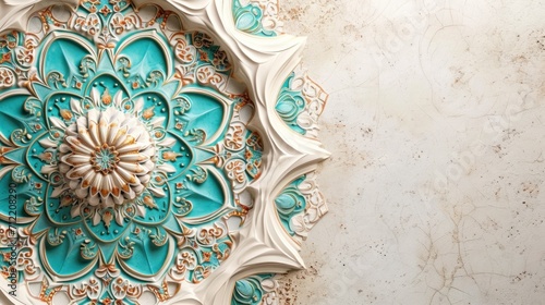 Soft hues, intricate patterns, and calligraphy evoke a serene Ramadan atmosphere with copy space