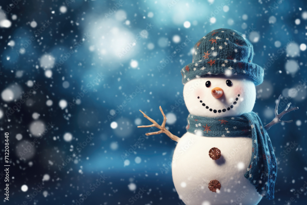 Merry christmas and happy new year greeting card with copy-space. Happy snowman standing in christmas landscape. Snow background. Winter fairytale Merry christmas and happy new year greeting card with copy-space. Happy snowman standing in christmas landscape. Snow background. Winter fairytale