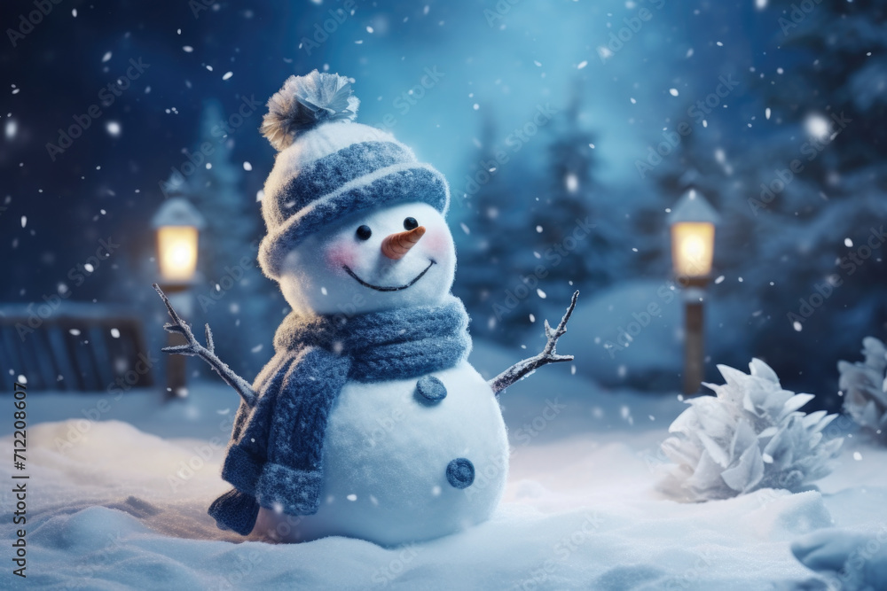Fototapeta premium Merry christmas and happy new year greeting card with copy-space. Happy snowman standing in christmas landscape. Snow background. Winter fairytale