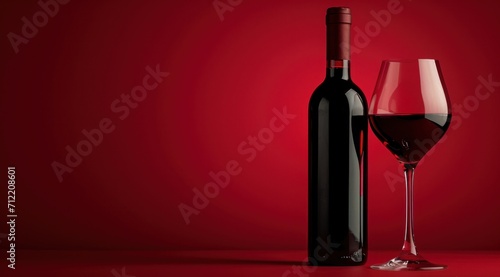 red wine bottle and glass of red wine on a red background