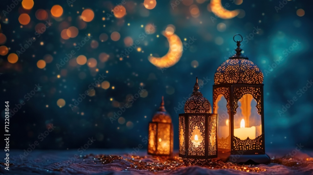 Obraz premium Ramadan ambiance with glowing lanterns, crescent moons, and starry brilliance with copy space