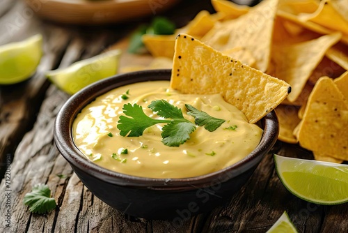 Yellow homemade queso dip with tortilla chips served with lime photo