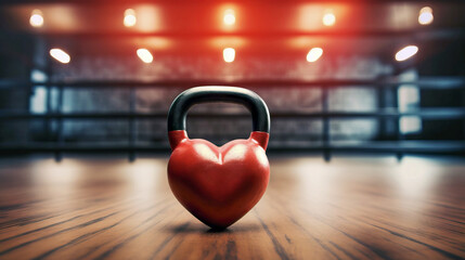 a heart shaped kettlebell on gym background for Valentine's Day, birthday, anniversary, wedding, Healthy fitness flat lay composition, gym workout concept, copy space