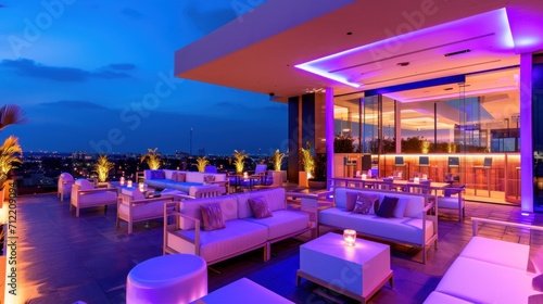 Trendy rooftop party with panoramic views, modern decor, and a vibrant atmosphere for celebration © olegganko