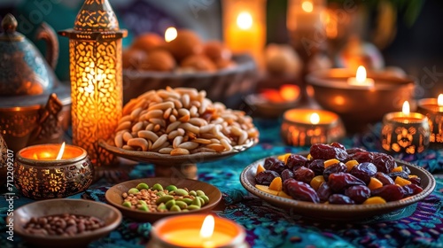 Warm candlelit setting with dates  traditional dishes  and a spirit of togetherness with copy space.