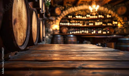 Warm ambient wine cellar with vintage wooden barrels stacked, a classic winemaking tradition, and a rustic wooden tabletop for product display photo