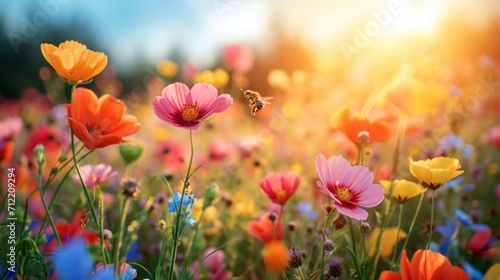 Wildflowers, buzzing bees, and a vibrant sun bring spring's lively spirit © olegganko