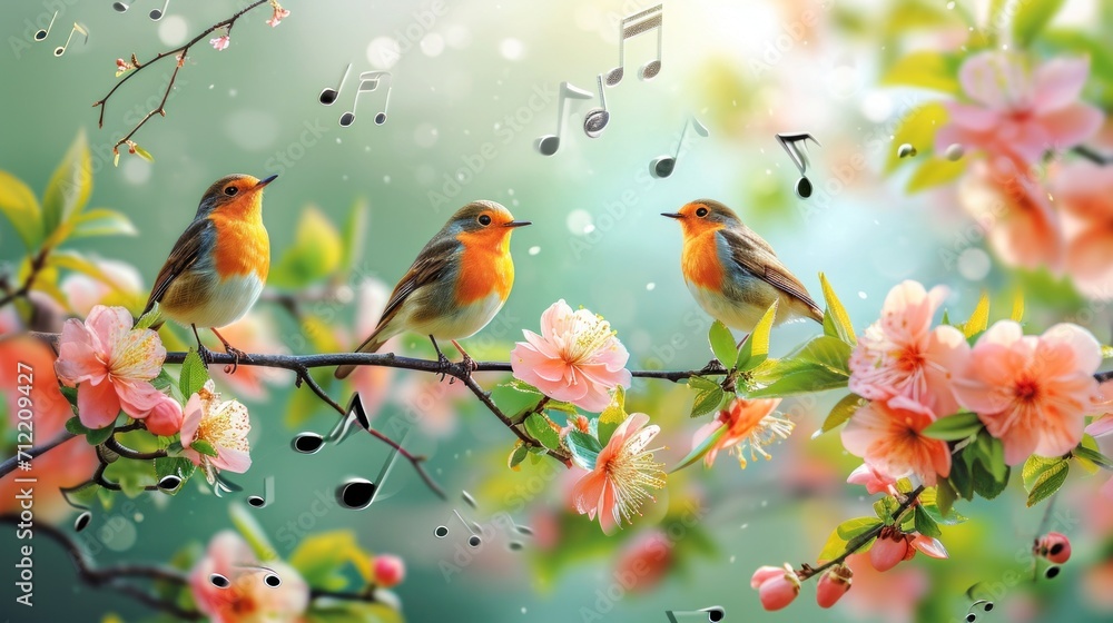 Singing birds, musical notes, and blossoming branches set a harmonious scene
