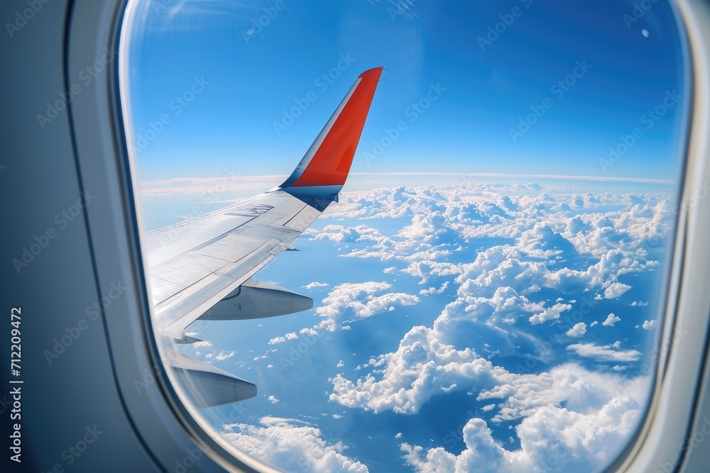 Observing the sky and clouds from an airplane s window focusing on the wing Observing the sky and clouds from an airplane s window focusing on the wing