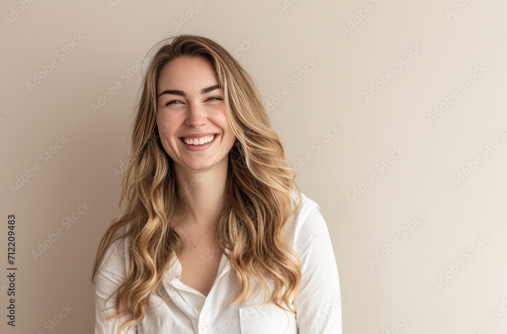 Obraz premium smiling happy woman laughing in studio portrait