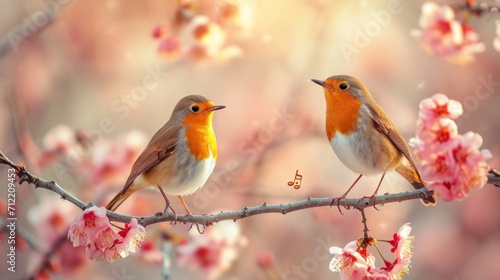 Singing birds, musical notes, and blossoming branches set a harmonious scene