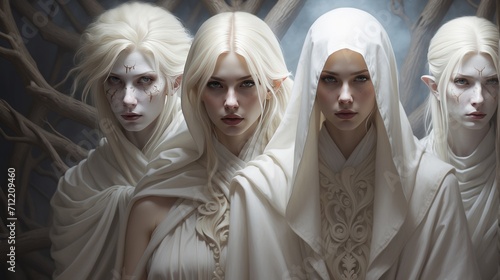 four magical female beings like elves, beautiful, slender and mysterious, anthropomorphic in composition, dressed completely in white and with white hair. Generative AI