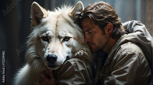 handsome man hugging a wild white wolf in the forest, The image shows friendship, brotherhood, love. Generative AI