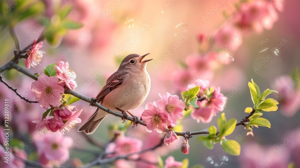 Singing birds, musical notes, and blossoming branches set a harmonious scene Singing birds, musical notes, and blossoming branches set a harmonious scene
