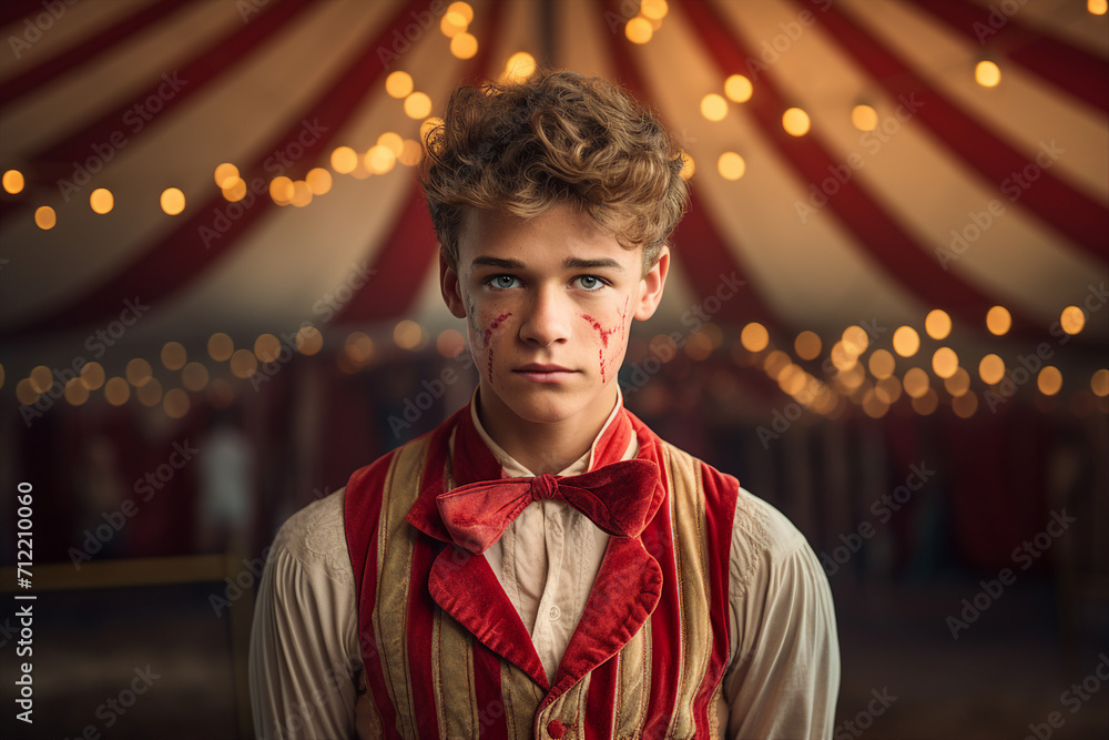 Fototapeta premium Circus performer clown magician showman in retro costume miracle time Generative AI