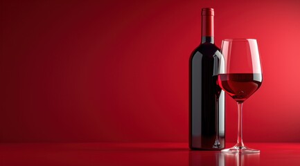 red wine bottle and glass of red wine on a red background