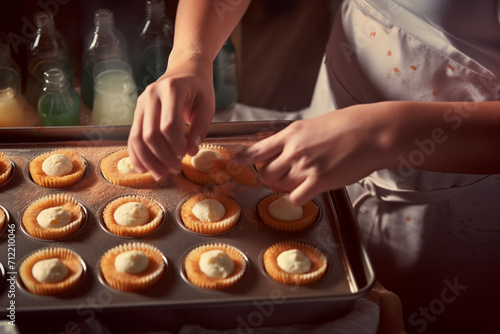 Baking cupcakes with cream cheese frosting in a home kitchen Generative AI image