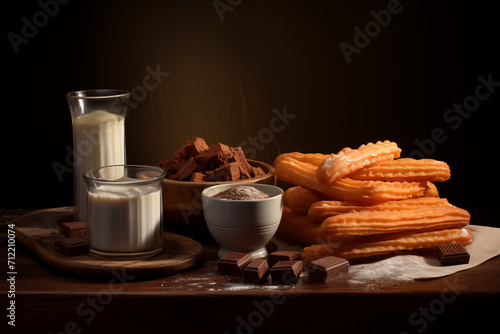 Traditional churros with chocolate and milk on a dark background Generative AI image