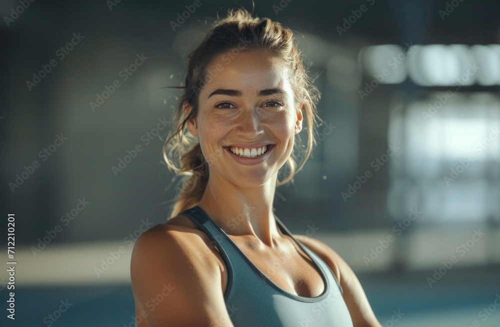 woman in workout gear as she smiles