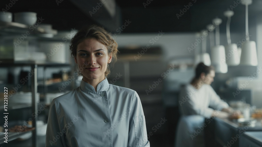Confident Female Chef in Professional Kitchen. Generative AI image Confident Female Chef in Professional Kitchen. Generative AI image