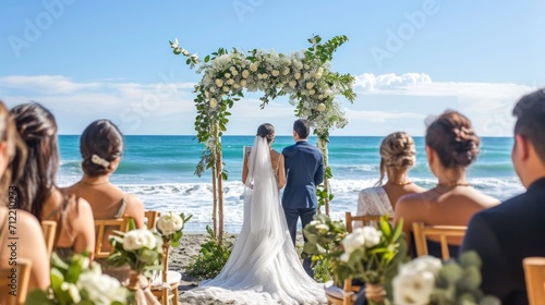 Seaside wedding bliss, waves crashing as a picturesque backdrop to an unforgettable ceremony photo