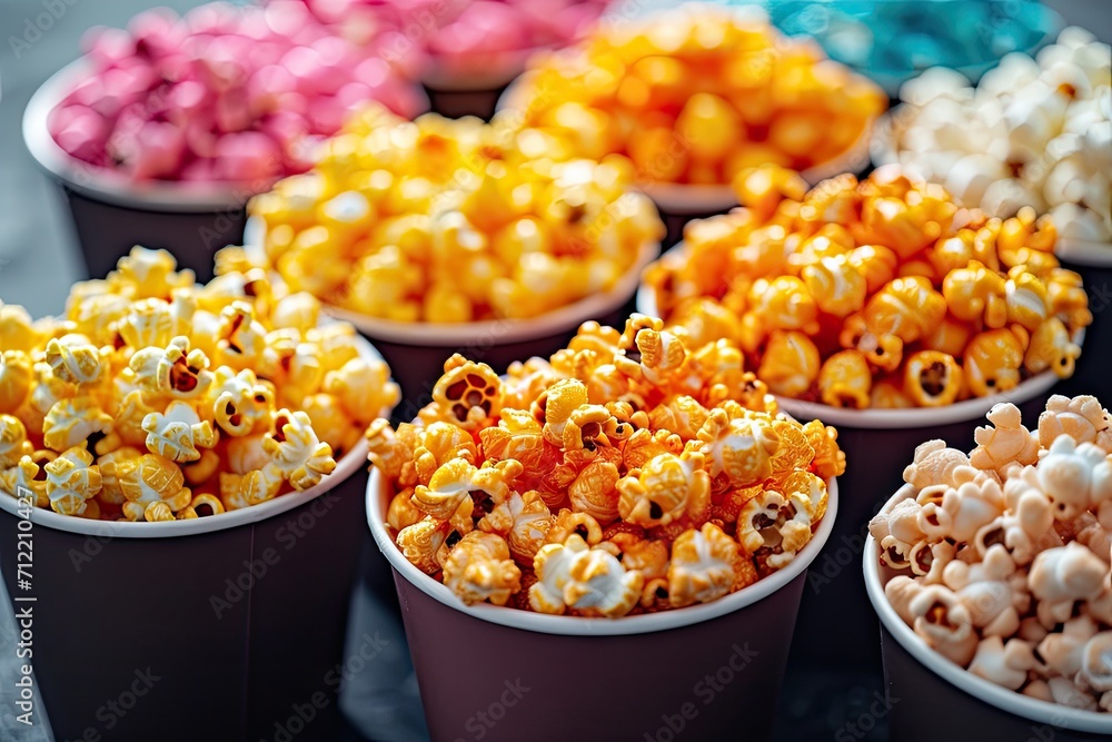 Popcorn varieties include classic salt cheese chocolate caramel sweet multi color and selective focus Popcorn varieties include classic salt cheese chocolate caramel sweet multi color and selective focus
