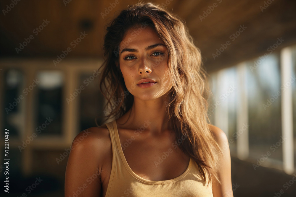 Generative AI illustration of portrait serene young woman with wavy hair bathed in soft sunlight standing in a tranquil corridor Generative AI illustration of portrait serene young woman with wavy hair bathed in soft sunlight standing in a tranquil corridor