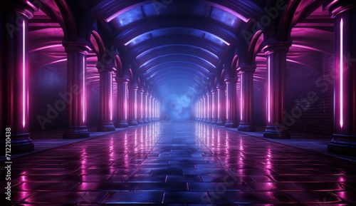 Generative AI illustration of futuristic neon-lit corridor mysterious pathway with illuminated pillars and arched ceiling